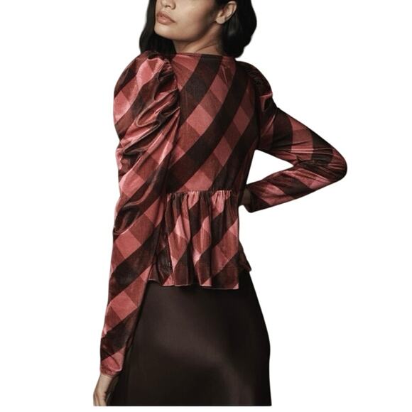 Anthropologie Maeve Velvet Pink Plaid Babydoll Top NEW - Picture 3 of 8